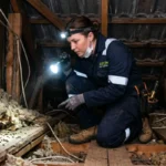 exterminator inspecting roof space for rat infestation