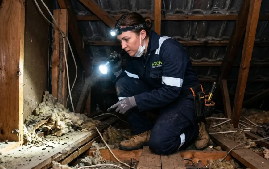 exterminator inspecting roof space for rat infestation